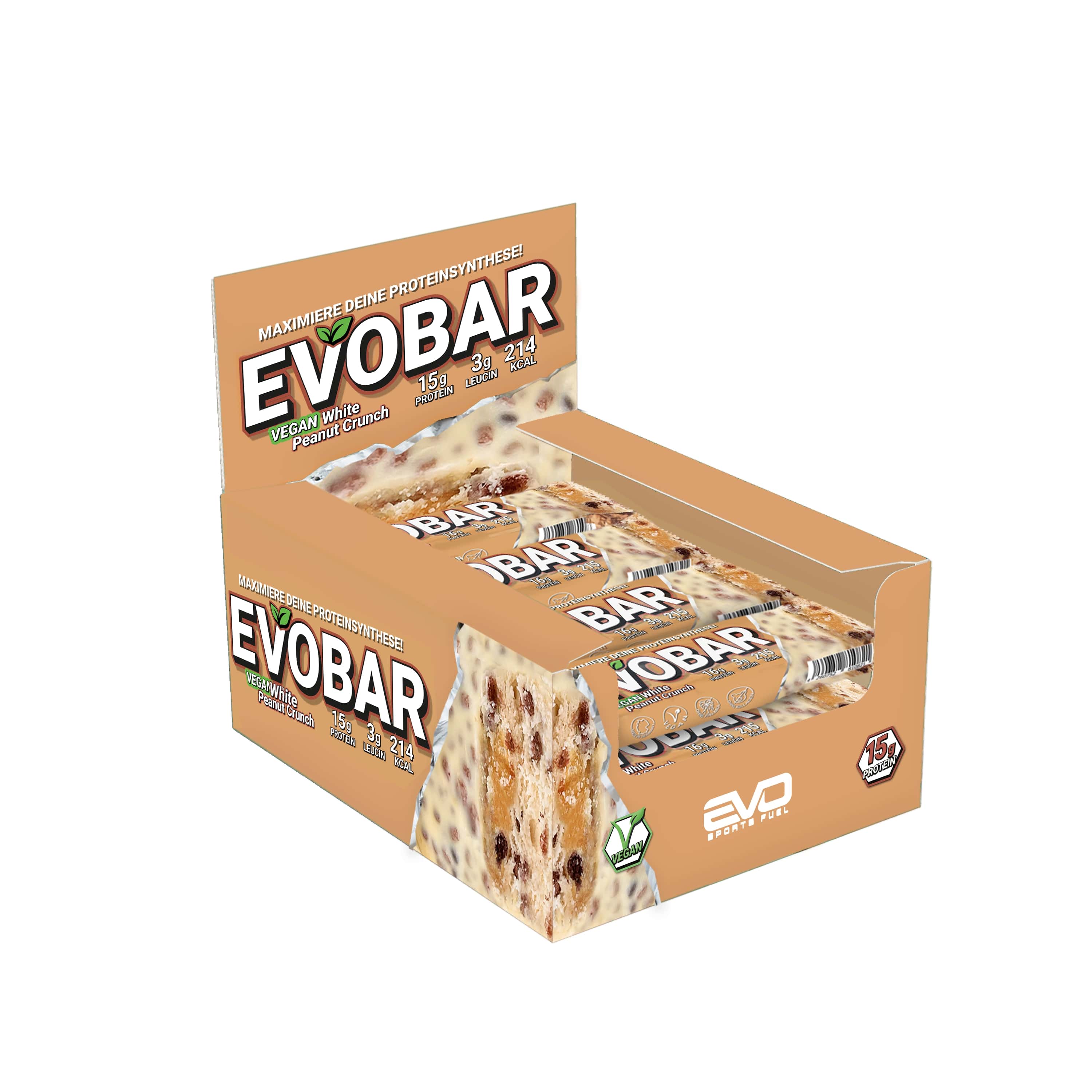 EVOBAR Veganer White Peanut Crunch Proteinriegel Tray(12x60g) mit 15g Protein, 3g Leucin und 214 kcal in jedem Proteinriegel.