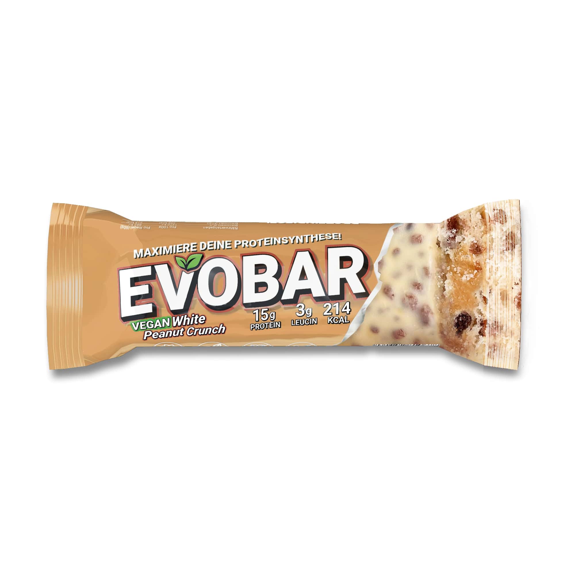 EVOBAR Veganer White Peanut Crunch Proteinriegel mit 15g Protein, 3g Leucin und 214 kcal.