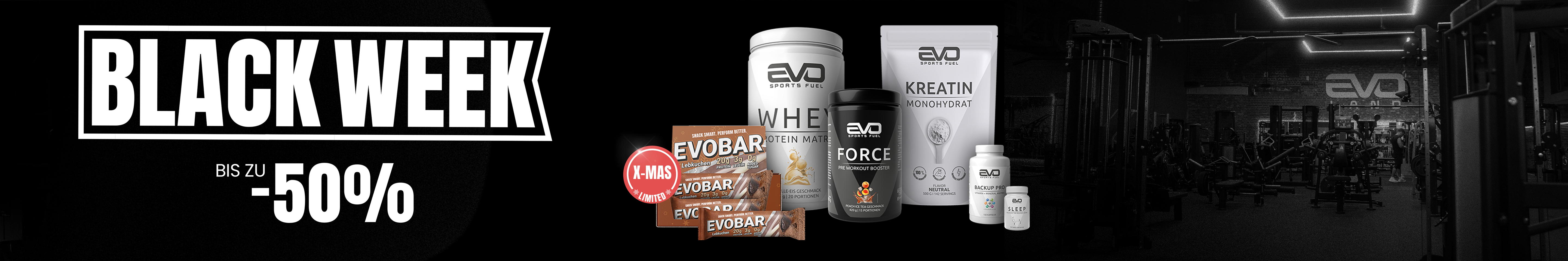 EVO SPORTS FUEL Black Week Banner mit bis zu 50 % Rabatt und Produktauswahl.