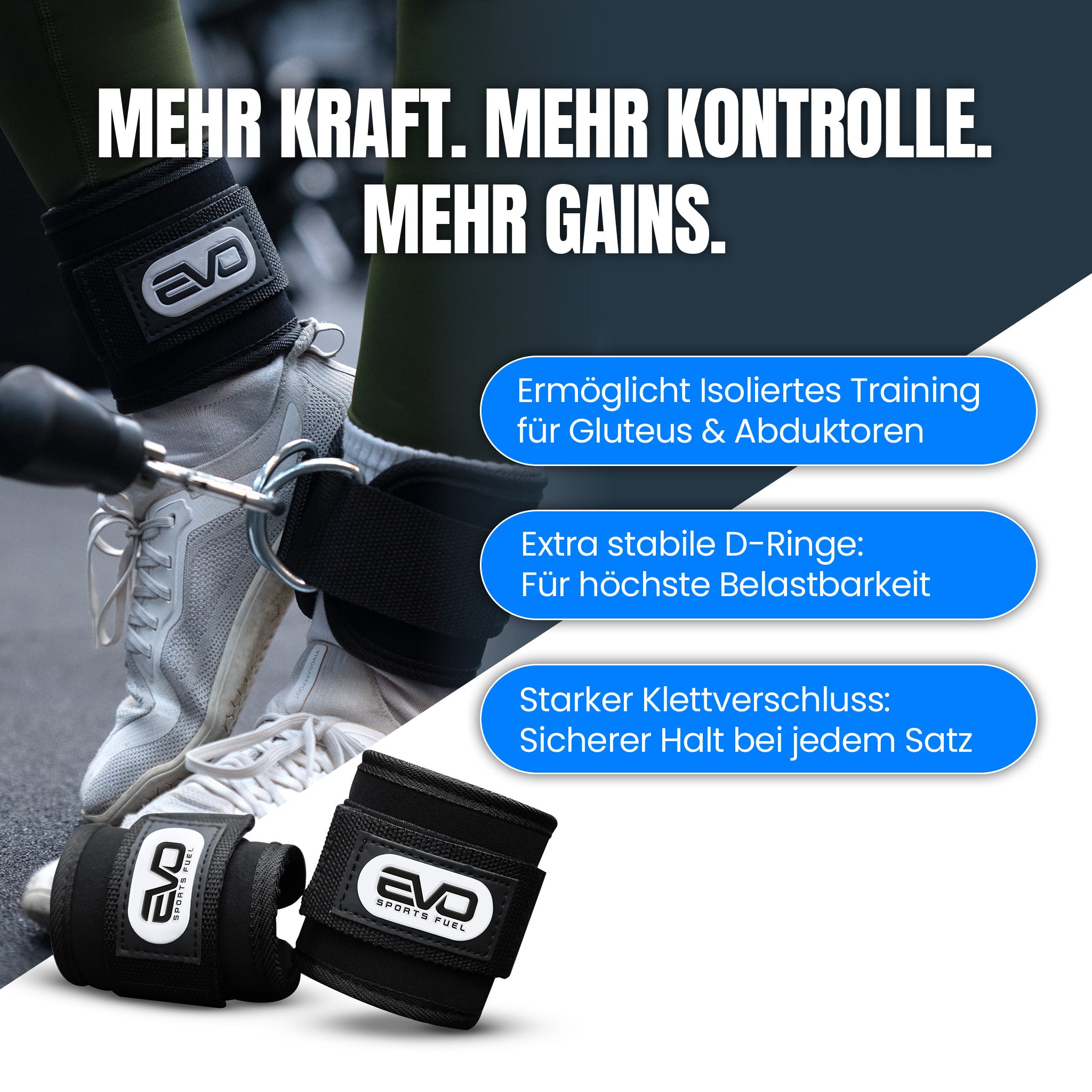 EVO Fußschlaufen befestigt am Kabelzug für isoliertes Gesäßmuskeltraining.