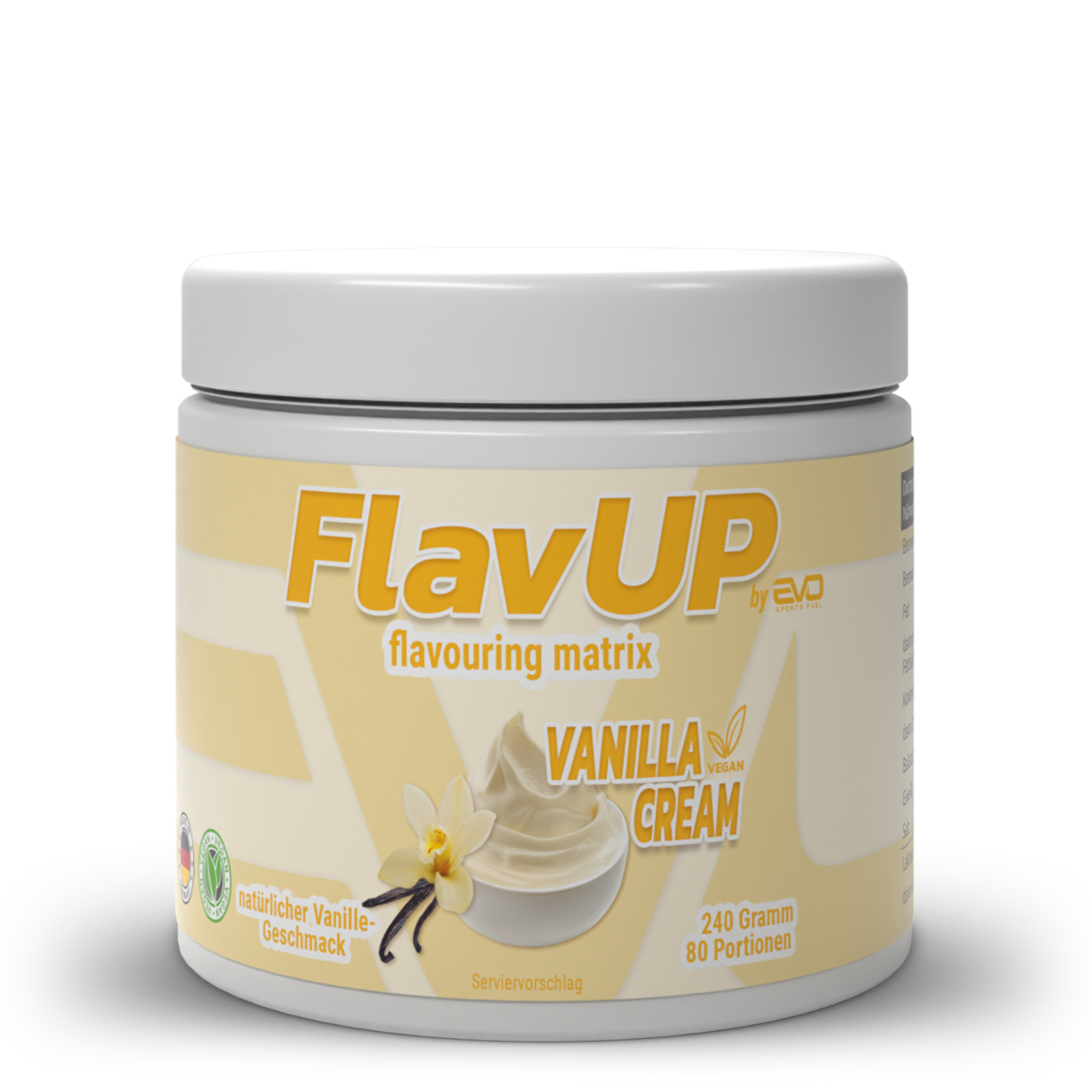 EVO SPORTS FUEL kalorienarmes Geschmackspulver FlavUP Vanilla Cream – cremiges Flavour Powder mit Vanillegeschmack