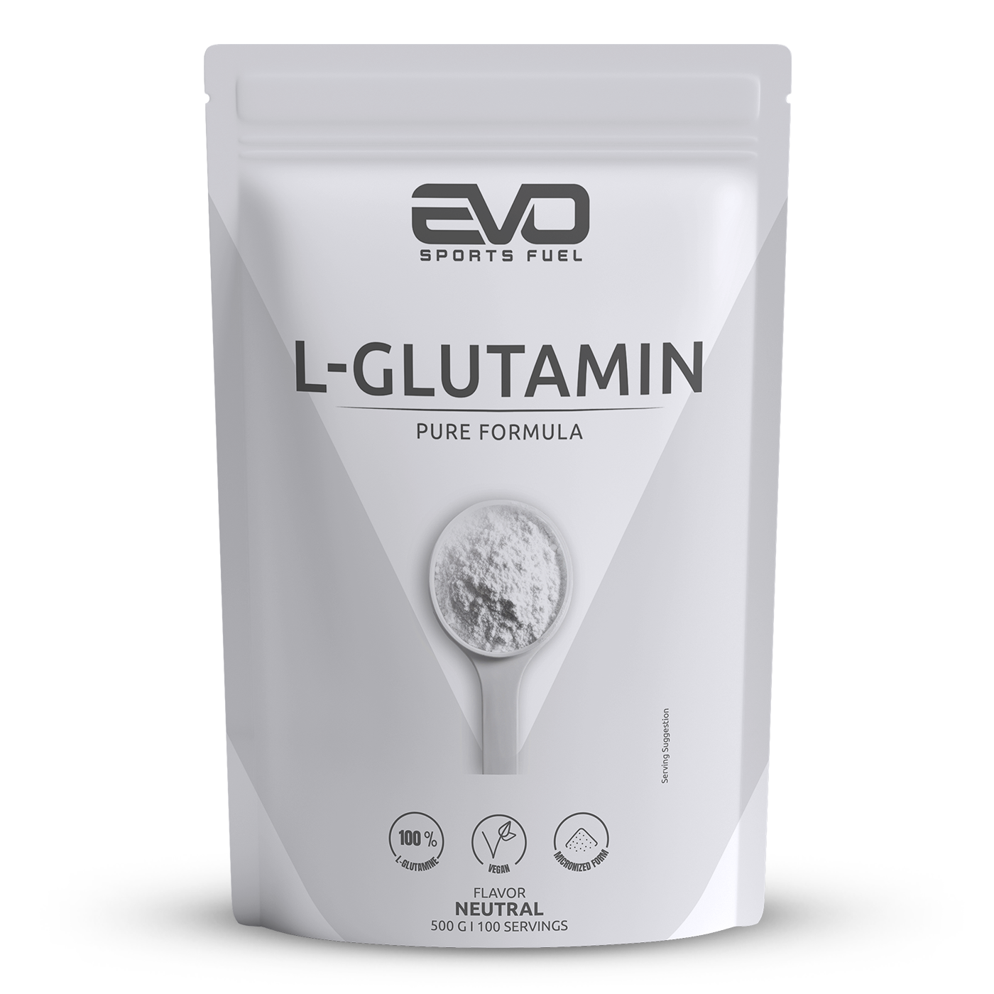 EVO SPORTS FUEL L-Glutamin Pulver in weißer Verpackung mit Messlöffel-Illustration, 500 g, neutrales Supplement für Sportler