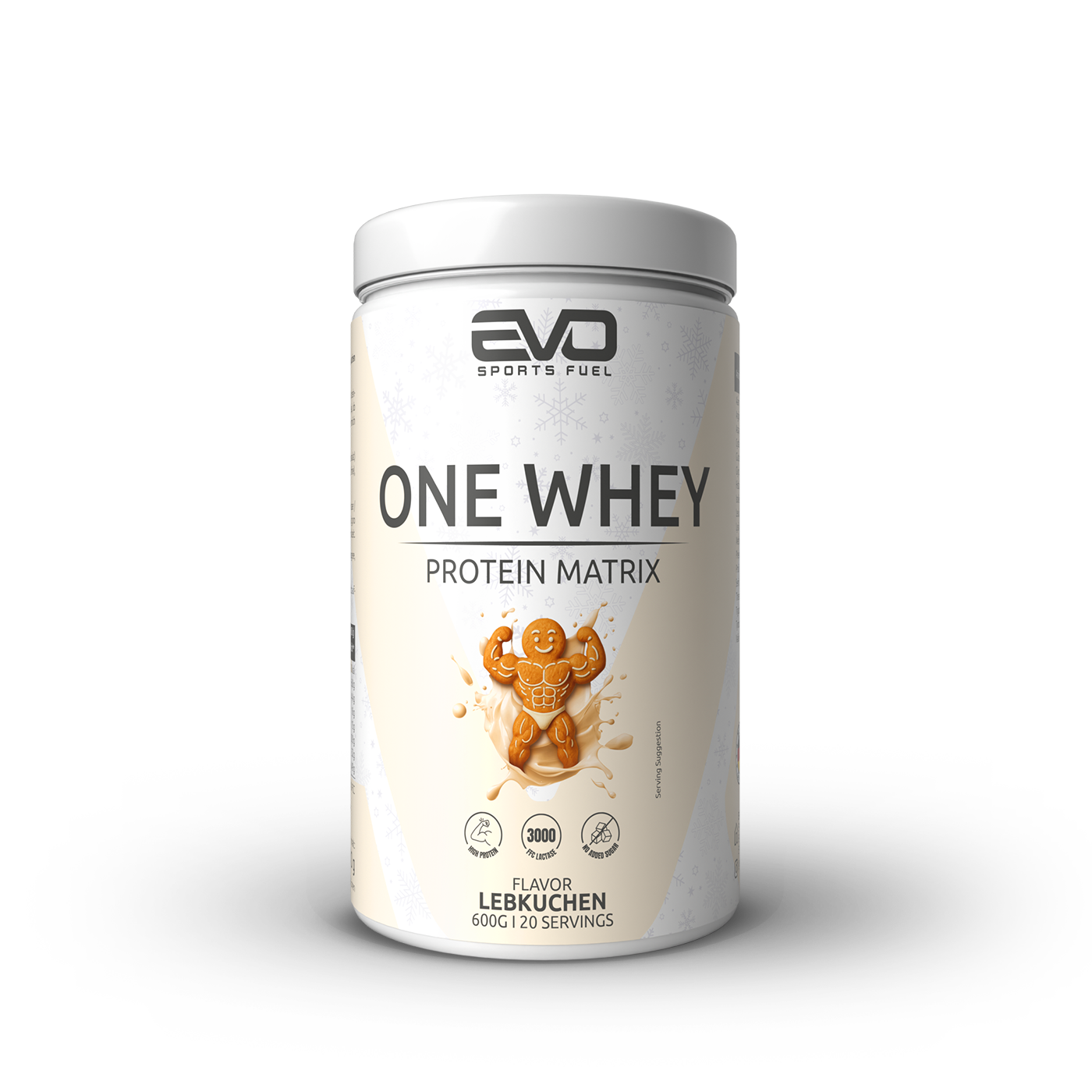 EVO SPORTS FUEL One Whey Protein Matrix in der Limited Edition Lebkuchen. Die Dose zeigt ein winterliches Design und ein muskulöses Lebkuchen-Männchen im Milch-Splash.