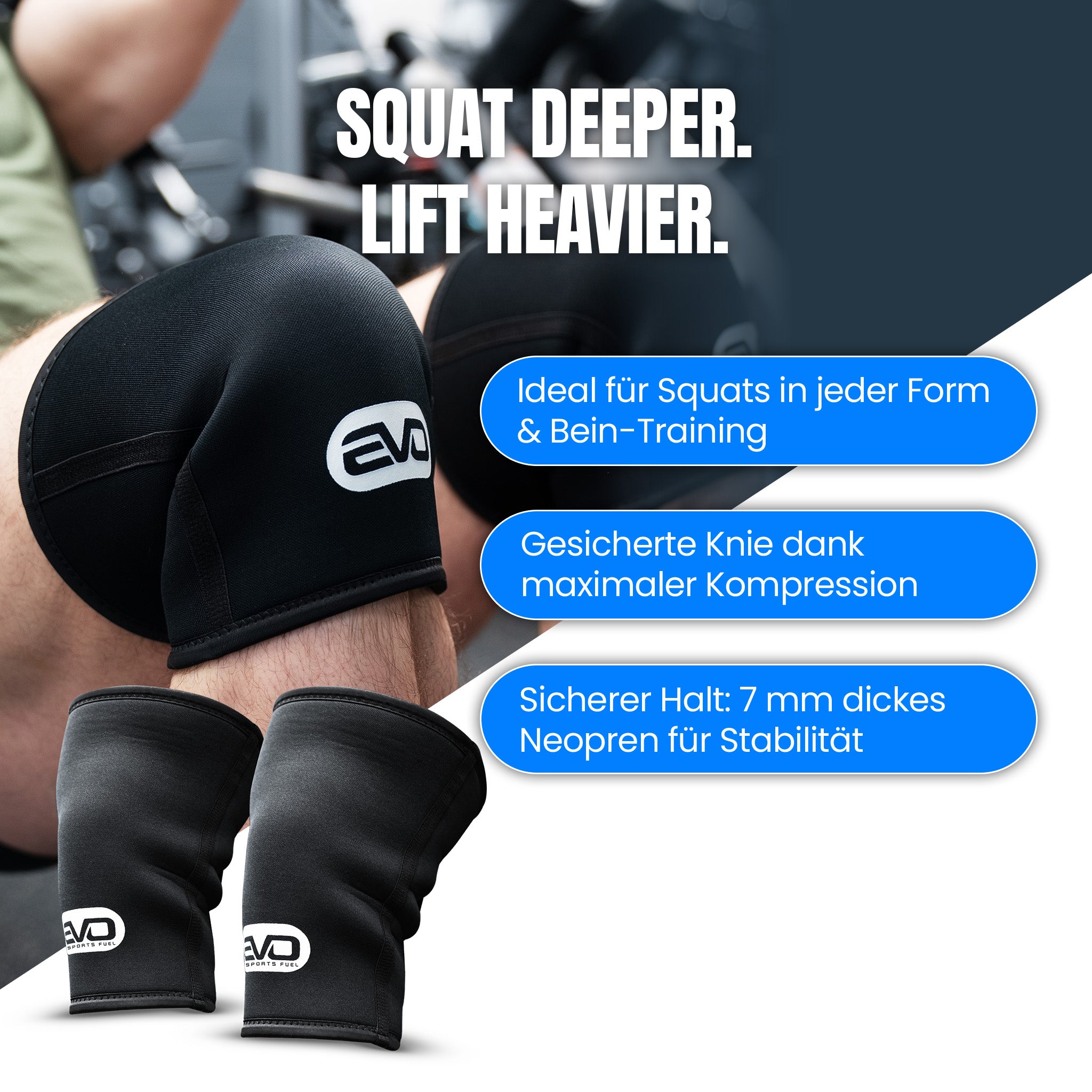 EVO Kniebandage im Einsatz bei Squats – mit 7 mm Neopren für gezielte Kompression.