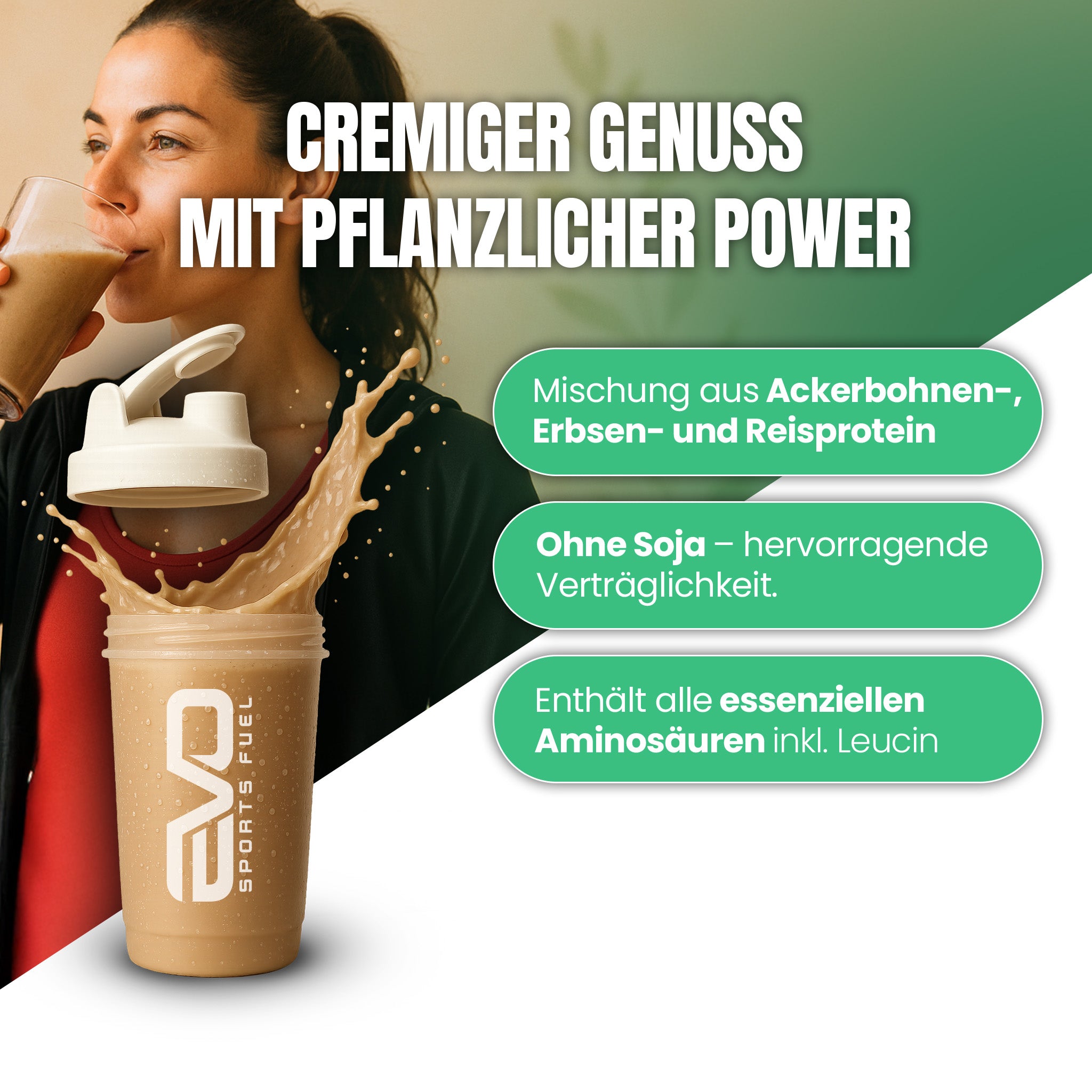  Frau trinkt cremigen veganen Proteinshake aus pflanzlichem Protein, frei von Soja, mit vollständigem Aminosäurenprofil für tägliche Proteinversorgung.