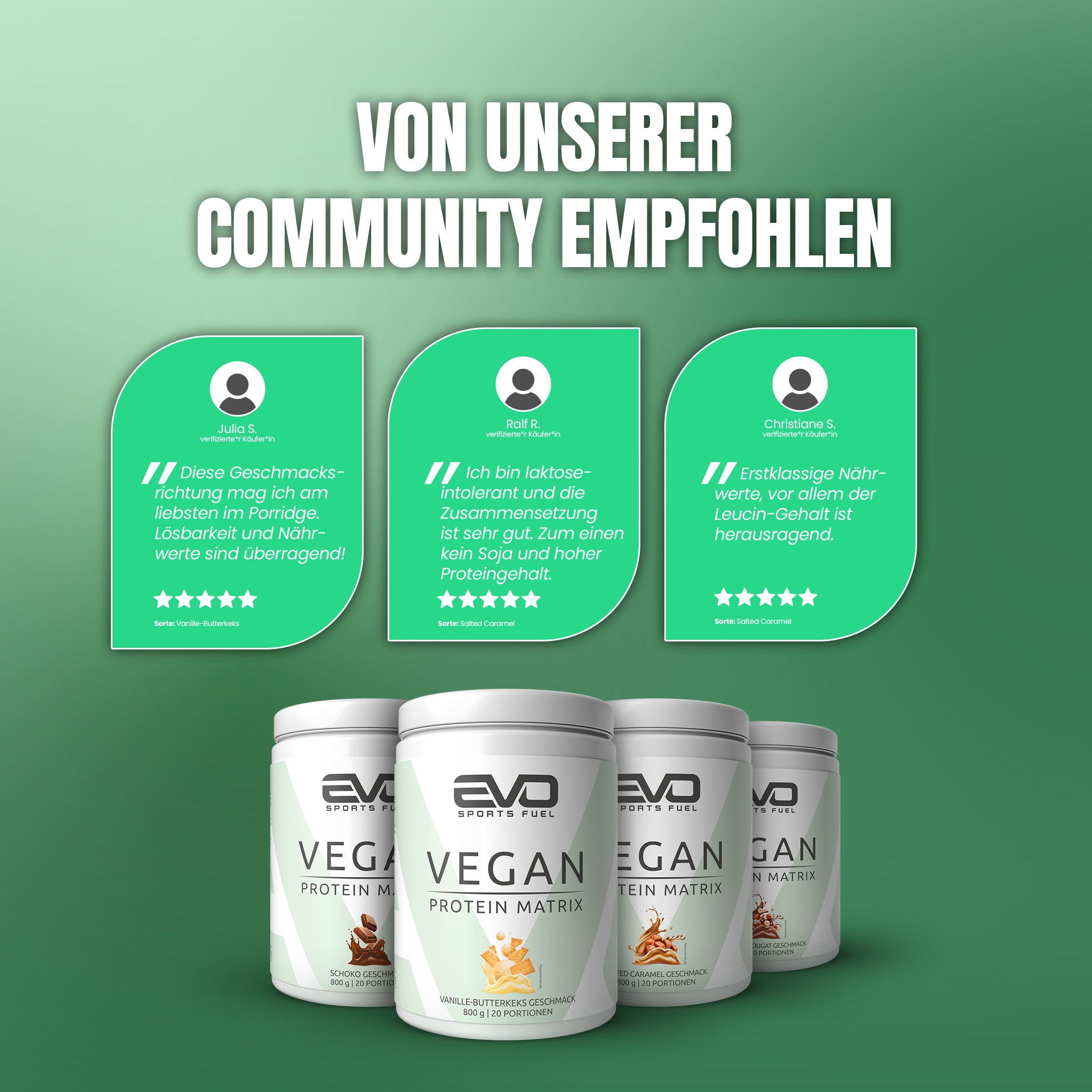 Positive Kundenbewertungen für EVO Vegan Protein Matrix mit hoher Verträglichkeit, hervorragendem Geschmack und vollständigem Aminosäurenprofil.