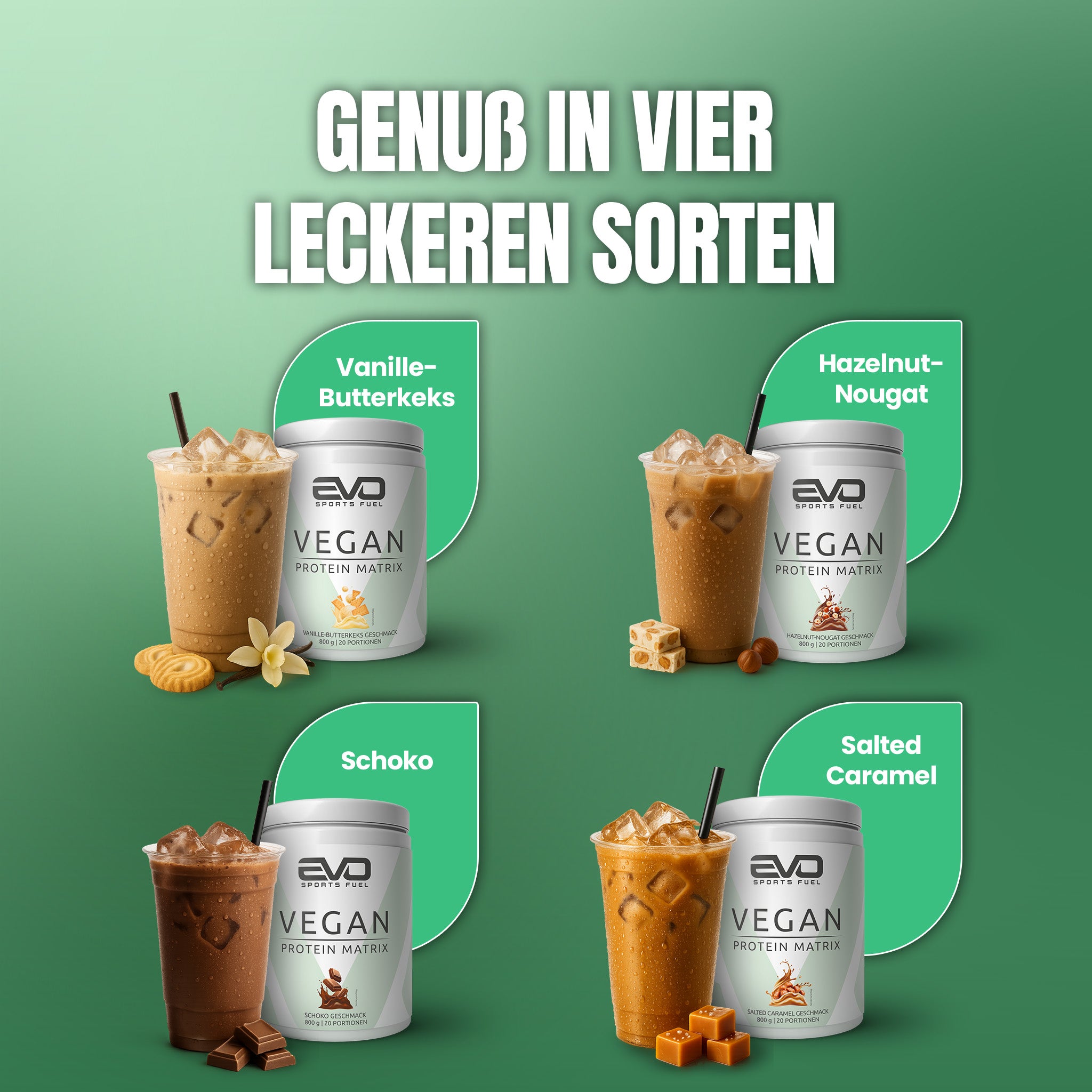 EVO veganes Proteinpulver erhältlich in vier leckeren Sorten: Vanille-Butterkeks, Schoko, Salted Caramel und Hazelnut-Nougat.