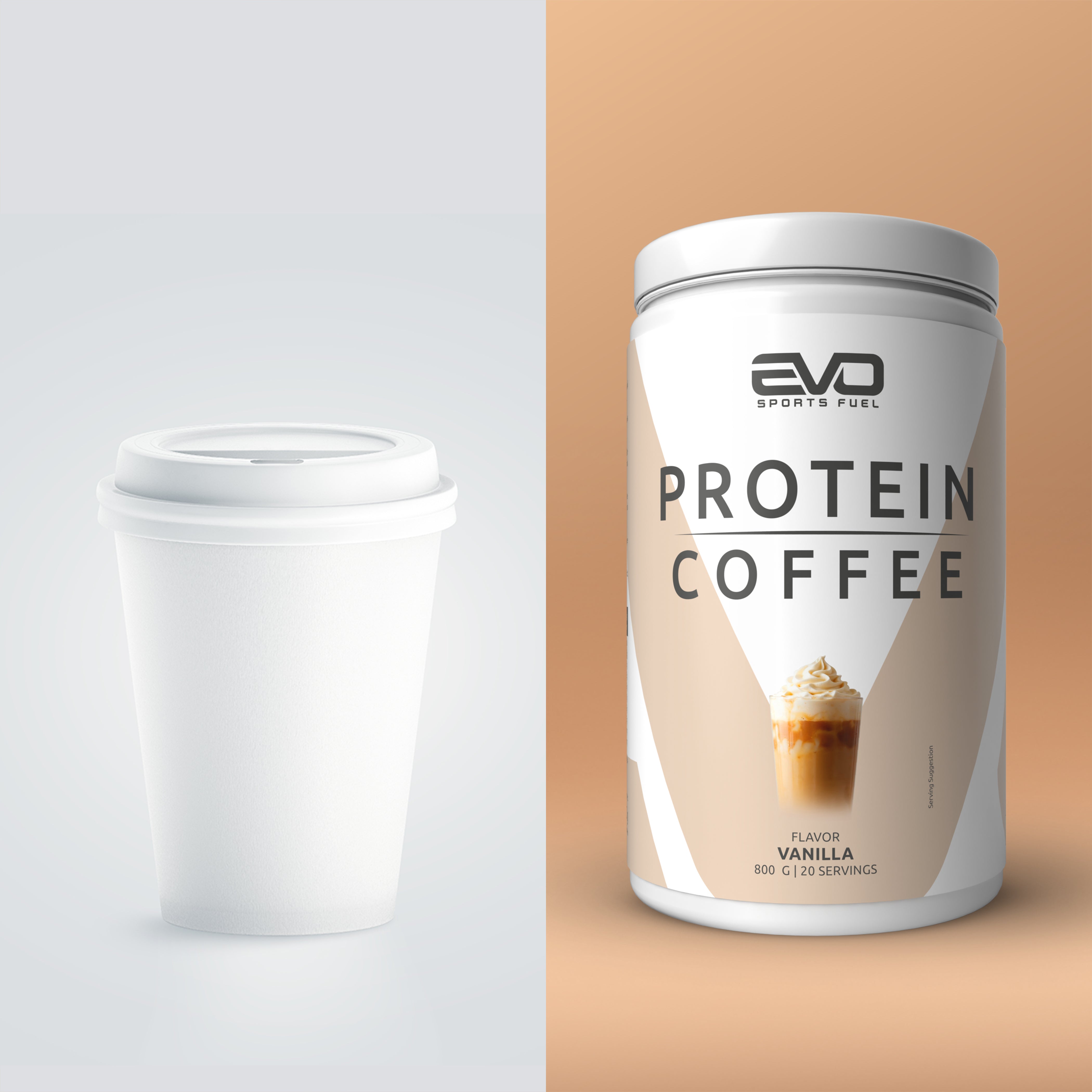 Vergleich zwischen einem klassischen weißen Coffee-to-go-Becher und der EVO SPORTS FUEL Protein Coffee Dose in der Geschmacksrichtung Vanilla. Linke Seite minimalistisch grau, rechte Seite mit beigem Hintergrund und modernem Produktdesign.
